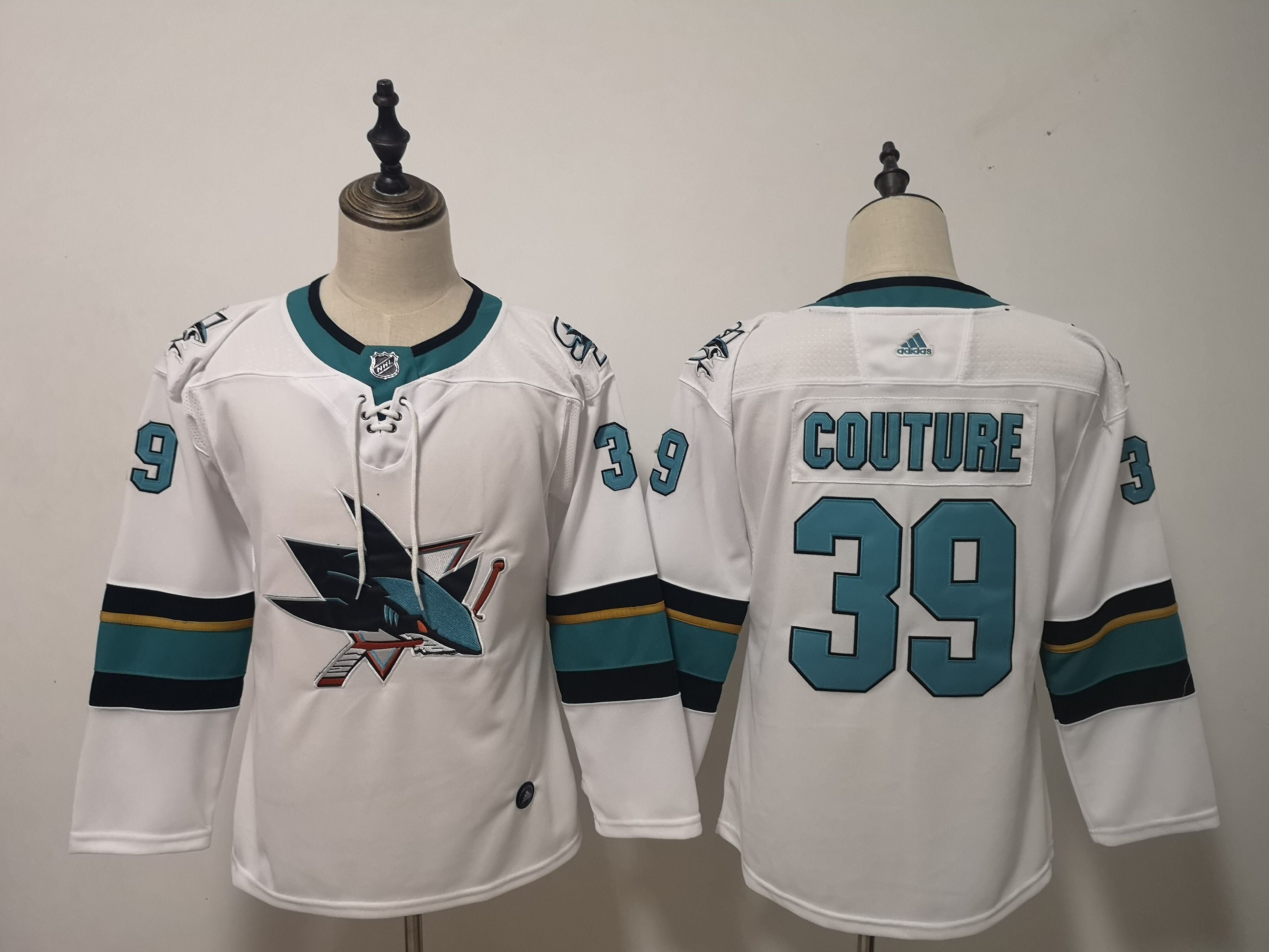 Women San Jose Sharks #39 Couture White Adidas Stitched NHL Jersey->women nhl jersey->Women Jersey